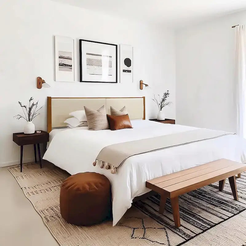 Beige Upholstered Headboard and Wood Frame Set, Queen or King