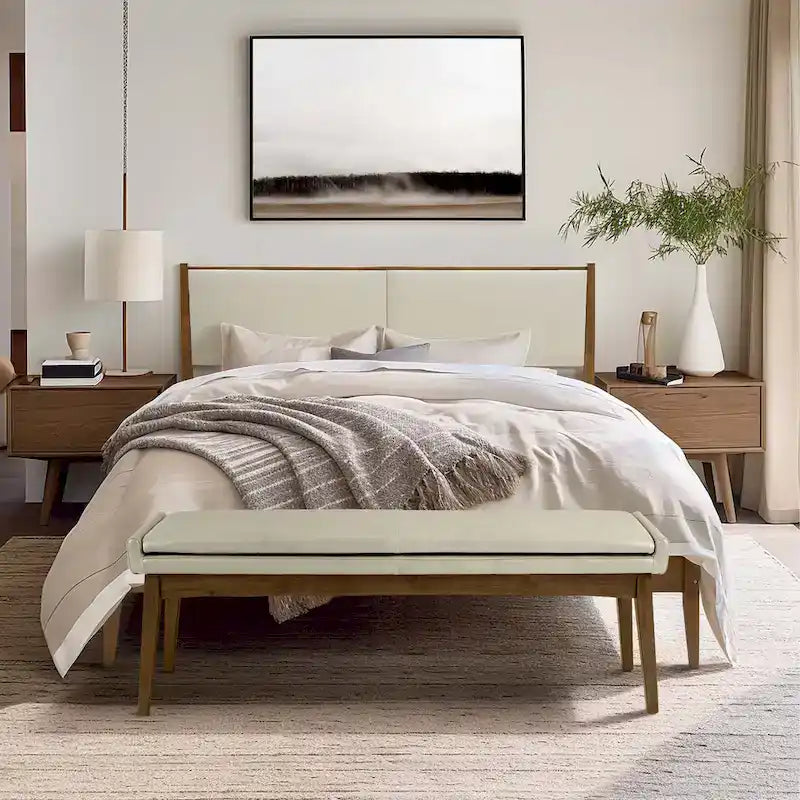 Beige Upholstered Headboard and Wood Frame Set, Queen or King