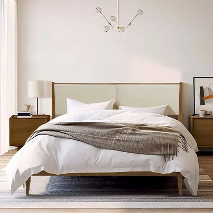 Beige Upholstered Headboard and Wood Frame Set, Queen or King