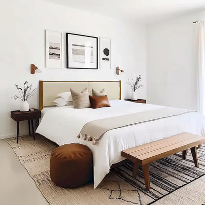 Beige Upholstered Headboard and Wood Frame Set, Queen or King