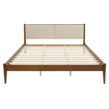 Beige Upholstered Headboard and Wood Frame Set, Queen or King