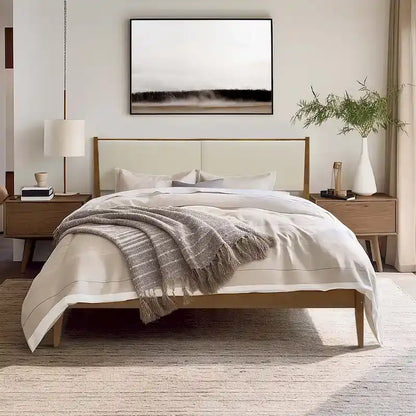 Beige Upholstered Headboard and Wood Frame Set, Queen or King