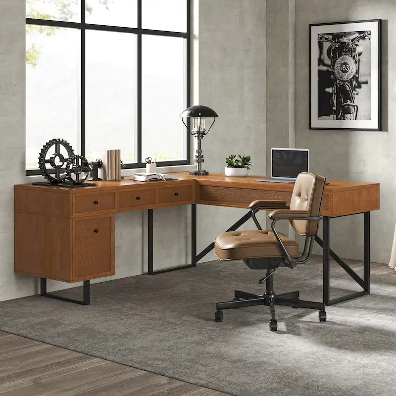 Alfons Industrial L-shaped Lift Top Cane Executive Office Desk with Drawers and Built-In Outlets by HULALA HOME