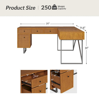 Alfons Industrial L-shaped Lift Top Cane Executive Office Desk with Drawers and Built-In Outlets by HULALA HOME