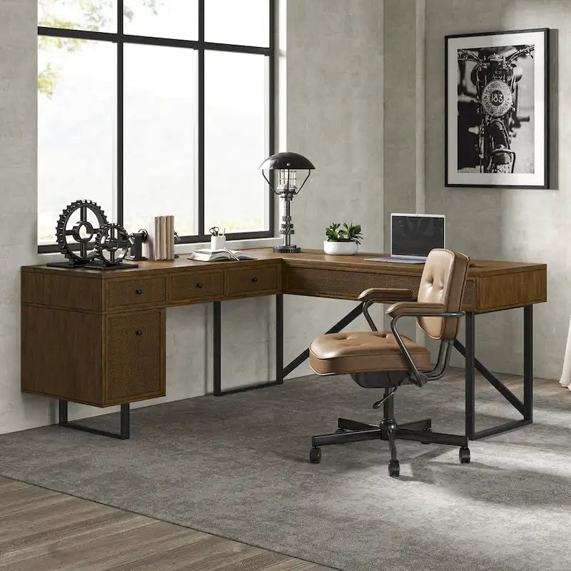 Alfons Industrial L-shaped Lift Top Cane Executive Office Desk with Drawers and Built-In Outlets by HULALA HOME