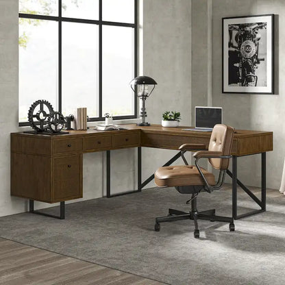 Alfons Industrial L-shaped Lift Top Cane Executive Office Desk with Drawers and Built-In Outlets by HULALA HOME