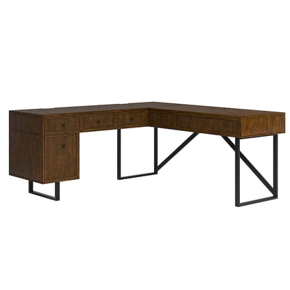 Alfons Industrial L-shaped Lift Top Cane Executive Office Desk with Drawers and Built-In Outlets by HULALA HOME