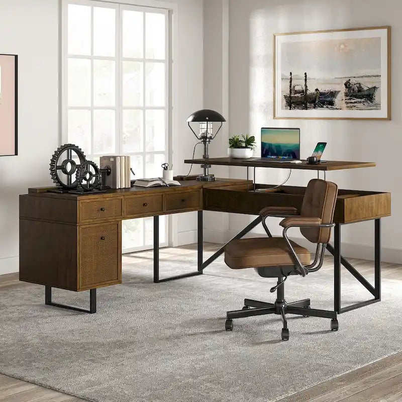 Alfons Industrial L-shaped Lift Top Cane Executive Office Desk with Drawers and Built-In Outlets by HULALA HOME