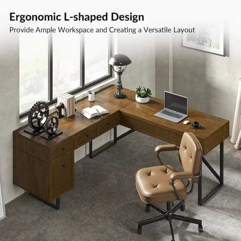 Alfons Industrial L-shaped Lift Top Cane Executive Office Desk with Drawers and Built-In Outlets by HULALA HOME