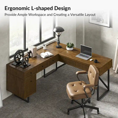 Alfons Industrial L-shaped Lift Top Cane Executive Office Desk with Drawers and Built-In Outlets by HULALA HOME