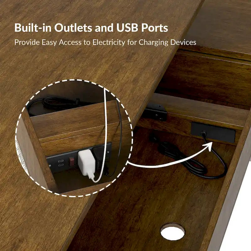 Alfons Industrial L-shaped Lift Top Cane Executive Office Desk with Drawers and Built-In Outlets by HULALA HOME