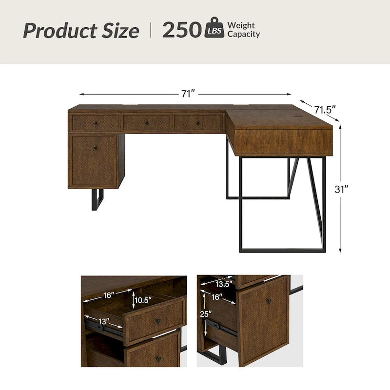 Alfons Industrial L-shaped Lift Top Cane Executive Office Desk with Drawers and Built-In Outlets by HULALA HOME