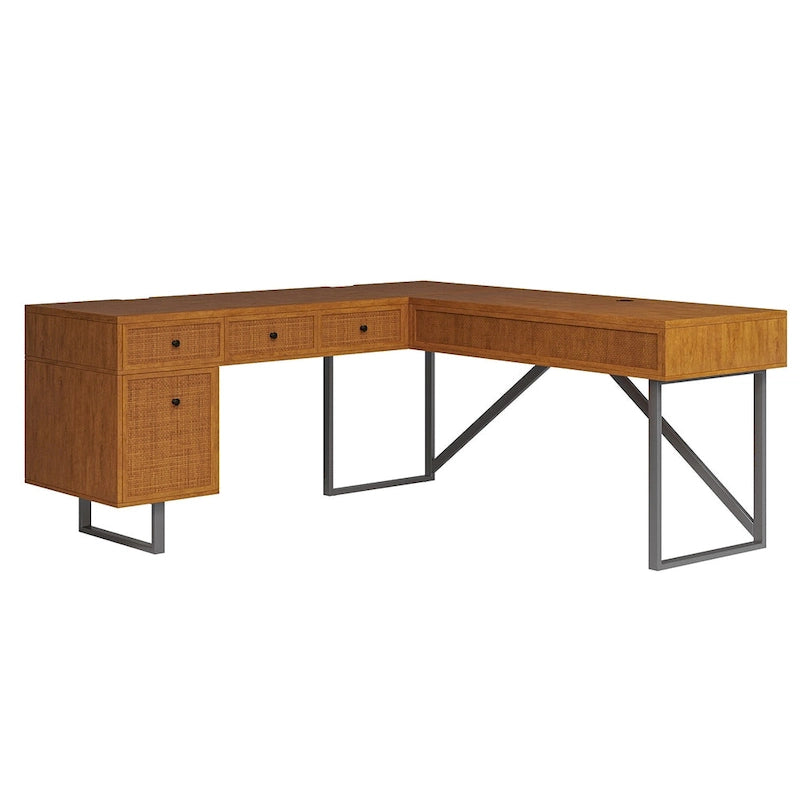 Alfons Industrial L-shaped Lift Top Cane Executive Office Desk with Drawers and Built-In Outlets by HULALA HOME