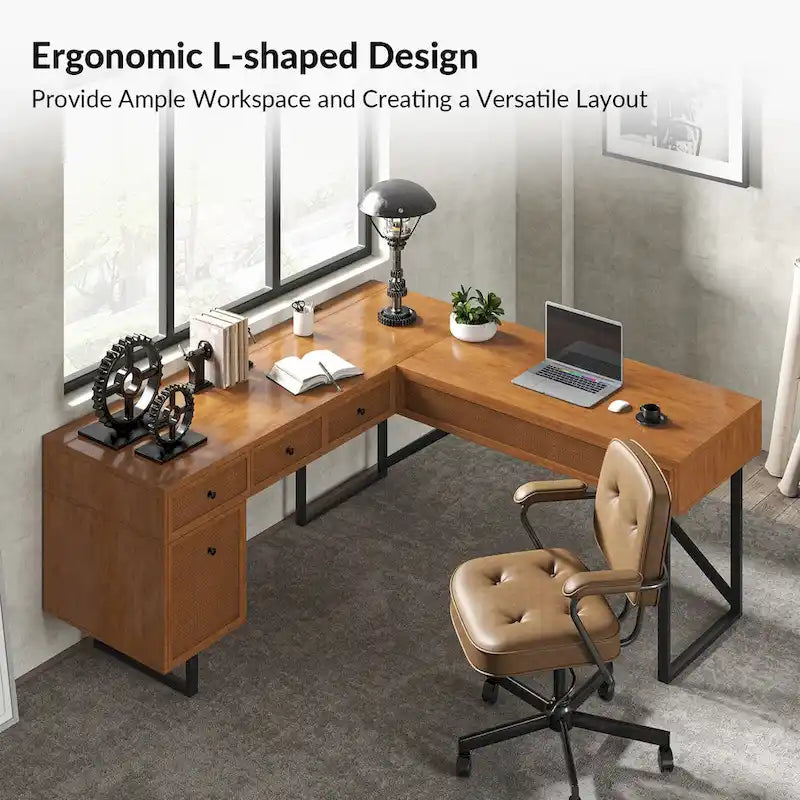 Alfons Industrial L-shaped Lift Top Cane Executive Office Desk with Drawers and Built-In Outlets by HULALA HOME