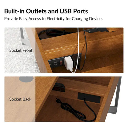 Alfons Industrial L-shaped Lift Top Cane Executive Office Desk with Drawers and Built-In Outlets by HULALA HOME