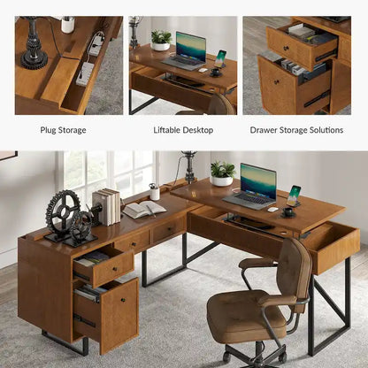 Alfons Industrial L-shaped Lift Top Cane Executive Office Desk with Drawers and Built-In Outlets by HULALA HOME