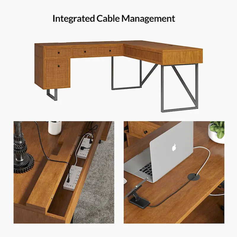 Alfons Industrial L-shaped Lift Top Cane Executive Office Desk with Drawers and Built-In Outlets by HULALA HOME