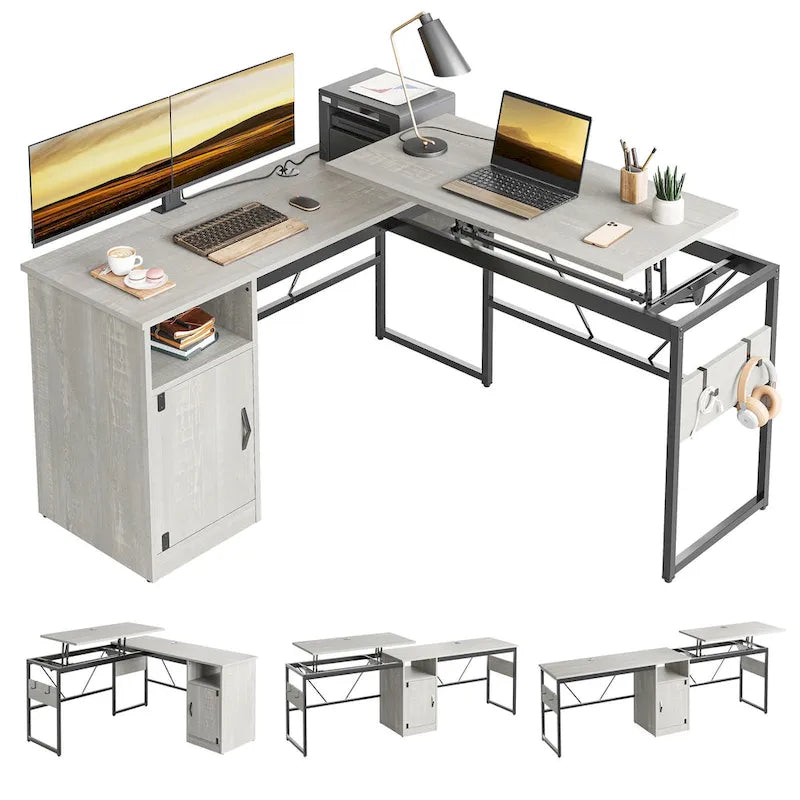 Versatile 60 L Shaped Standing Desk with Lift Top & Storage Cabinet, Corner Desk Extending to 95 with Hooks