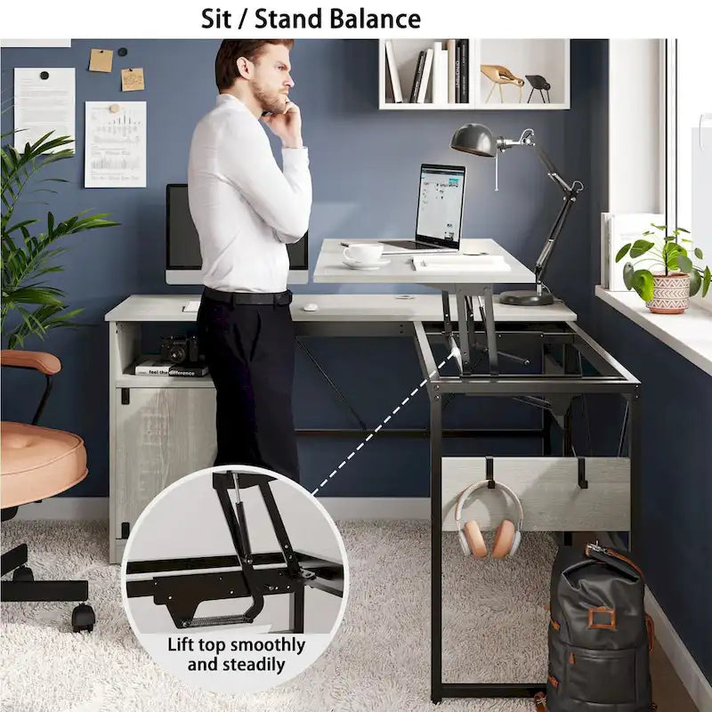 Versatile 60 L Shaped Standing Desk with Lift Top & Storage Cabinet, Corner Desk Extending to 95 with Hooks
