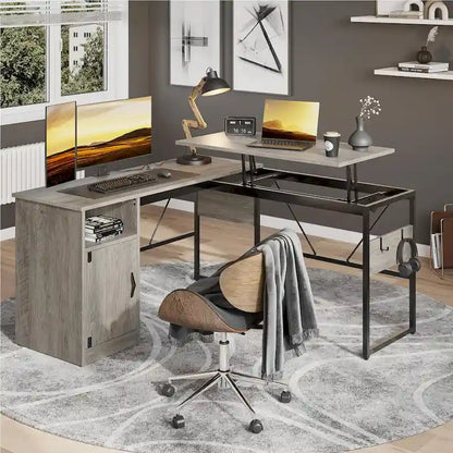 Versatile 60 L Shaped Standing Desk with Lift Top & Storage Cabinet, Corner Desk Extending to 95 with Hooks