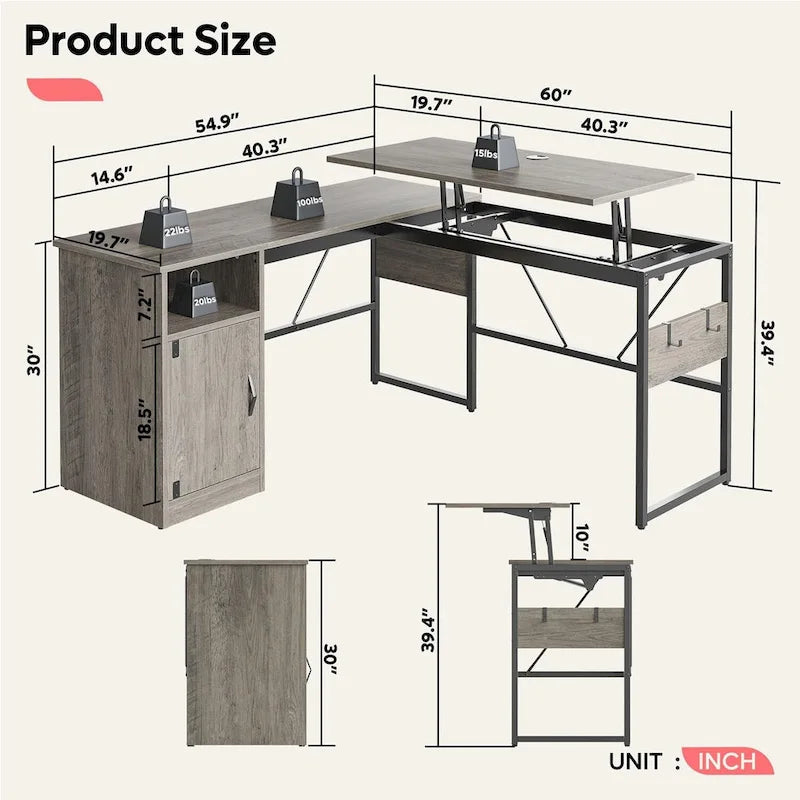 Versatile 60 L Shaped Standing Desk with Lift Top & Storage Cabinet, Corner Desk Extending to 95 with Hooks