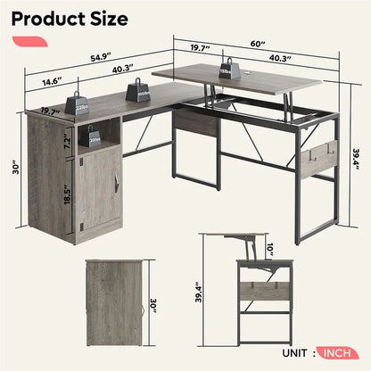 Versatile 60 L Shaped Standing Desk with Lift Top & Storage Cabinet, Corner Desk Extending to 95 with Hooks