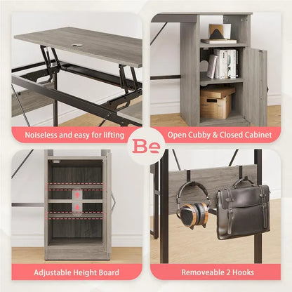 Versatile 60 L Shaped Standing Desk with Lift Top & Storage Cabinet, Corner Desk Extending to 95 with Hooks