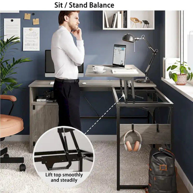 Versatile 60 L Shaped Standing Desk with Lift Top & Storage Cabinet, Corner Desk Extending to 95 with Hooks