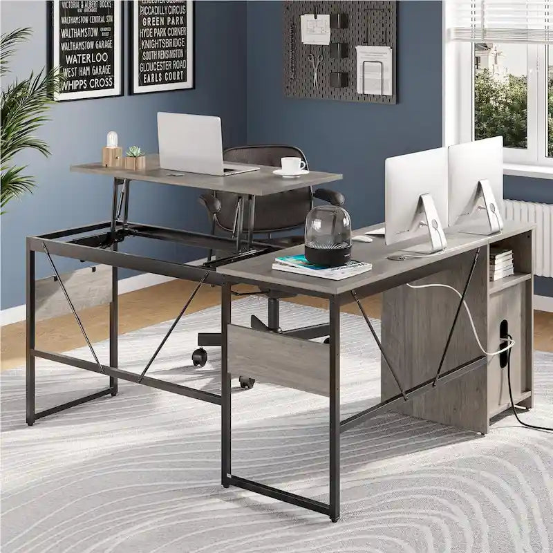 Versatile 60 L Shaped Standing Desk with Lift Top & Storage Cabinet, Corner Desk Extending to 95 with Hooks