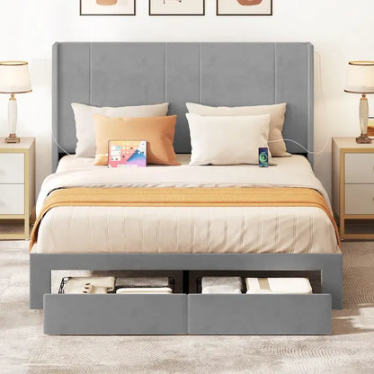 Queen Upholstered Bed Frame with Storage Drawers Headboard Built-in 4 USB Platform Bed