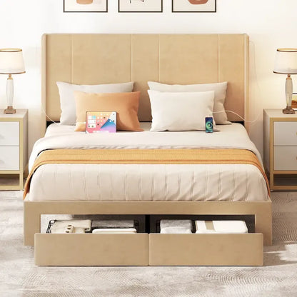 Queen Upholstered Bed Frame with Storage Drawers Headboard Built-in 4 USB Platform Bed