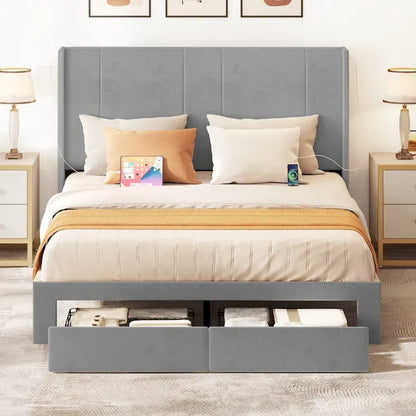 Queen Upholstered Bed Frame with Storage Drawers Headboard Built-in 4 USB Platform Bed