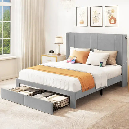 Queen Upholstered Bed Frame with Storage Drawers Headboard Built-in 4 USB Platform Bed