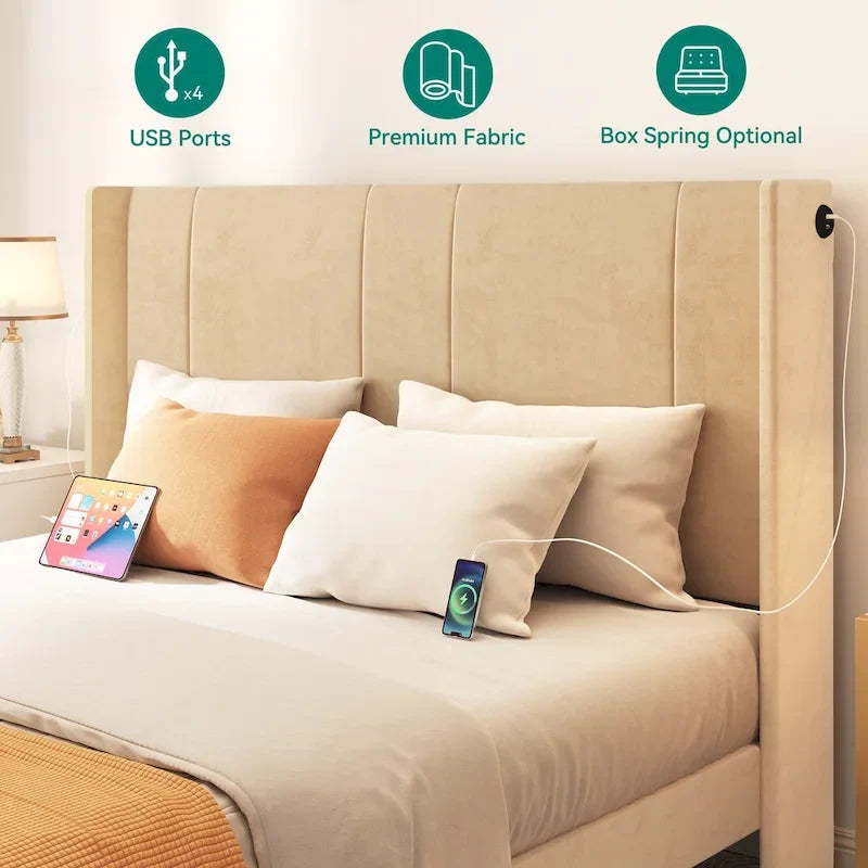 Queen Upholstered Bed Frame with Storage Drawers Headboard Built-in 4 USB Platform Bed