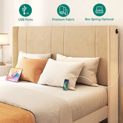 Queen Upholstered Bed Frame with Storage Drawers Headboard Built-in 4 USB Platform Bed