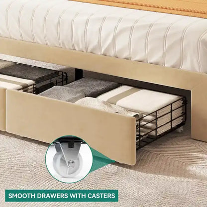 Queen Upholstered Bed Frame with Storage Drawers Headboard Built-in 4 USB Platform Bed