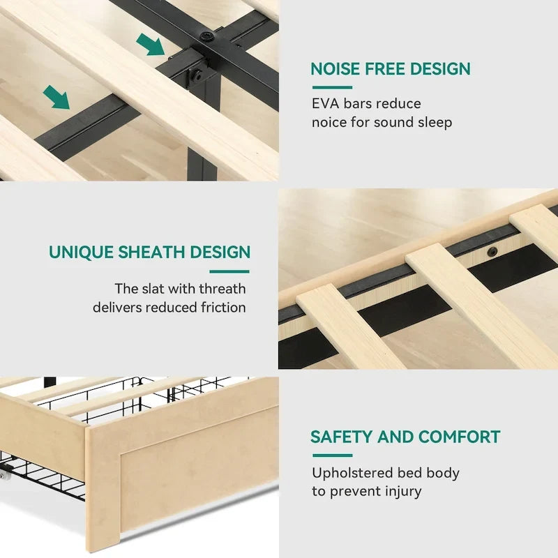 Queen Upholstered Bed Frame with Storage Drawers Headboard Built-in 4 USB Platform Bed