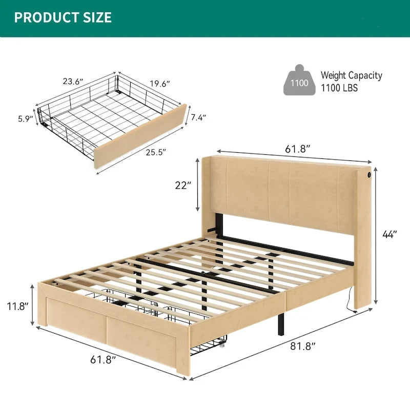Queen Upholstered Bed Frame with Storage Drawers Headboard Built-in 4 USB Platform Bed