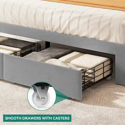 Queen Upholstered Bed Frame with Storage Drawers Headboard Built-in 4 USB Platform Bed