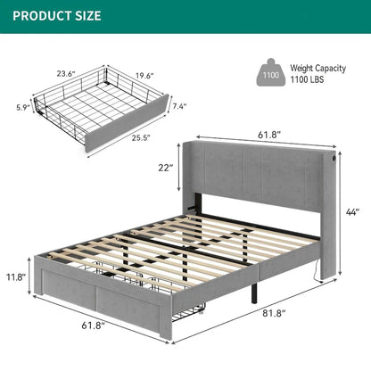 Queen Upholstered Bed Frame with Storage Drawers Headboard Built-in 4 USB Platform Bed