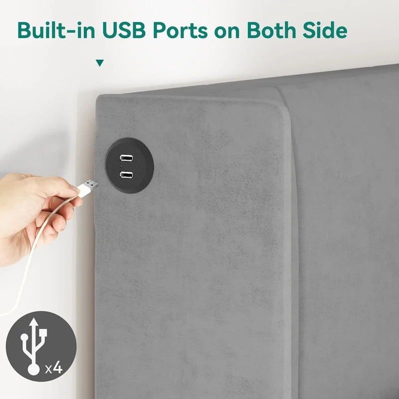 Queen Upholstered Bed Frame with Storage Drawers Headboard Built-in 4 USB Platform Bed