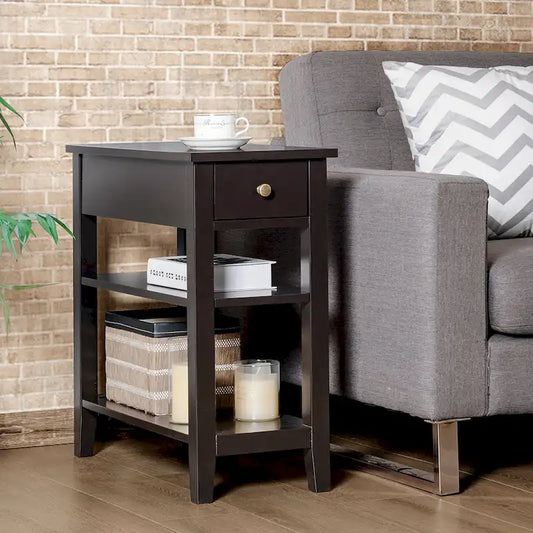 3-Tier End Table with Drawer Slideway and Double Shelves