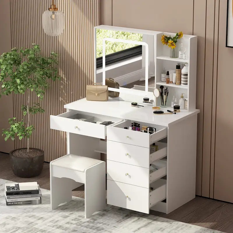 39.4Wide Makeup Vanity Set with Stool and 3 Color Touching Mirror - 39.4W