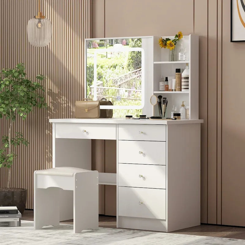 39.4Wide Makeup Vanity Set with Stool and 3 Color Touching Mirror - 39.4W