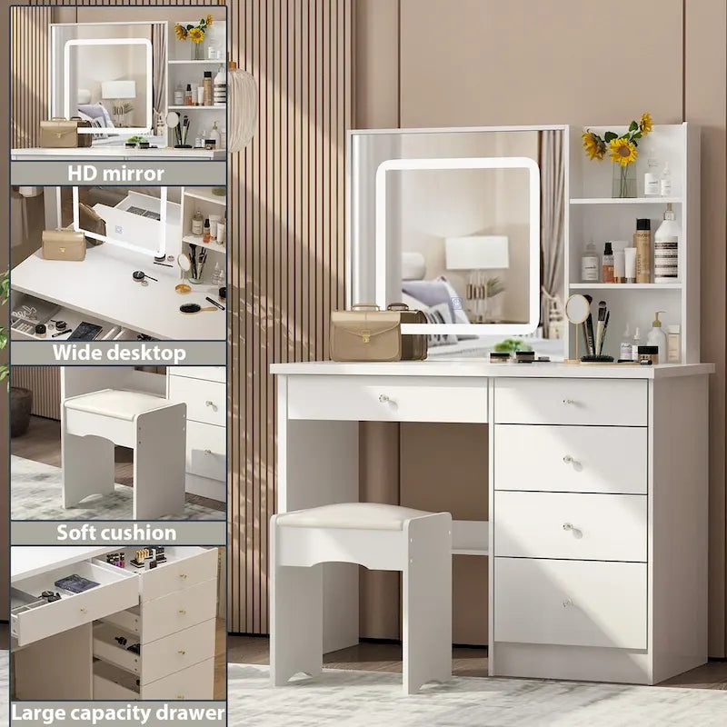 39.4Wide Makeup Vanity Set with Stool and 3 Color Touching Mirror - 39.4W