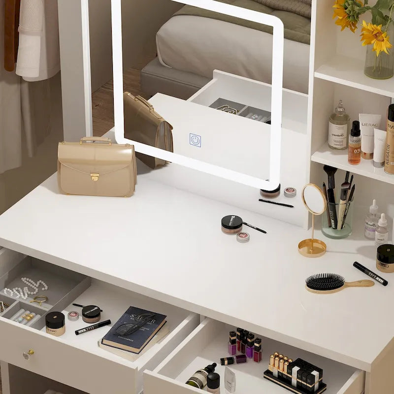 39.4Wide Makeup Vanity Set with Stool and 3 Color Touching Mirror - 39.4W