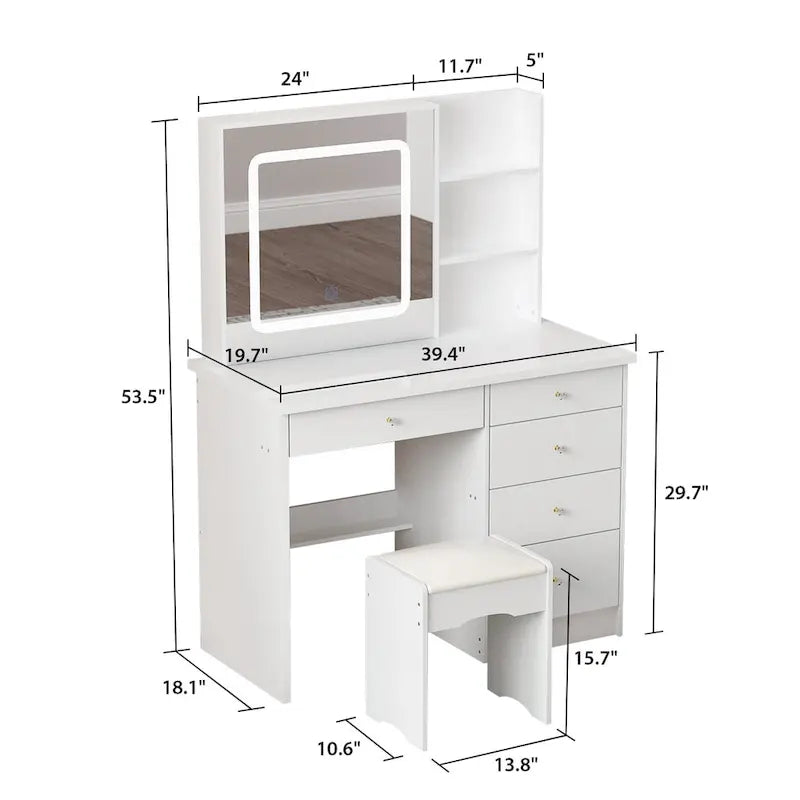 39.4Wide Makeup Vanity Set with Stool and 3 Color Touching Mirror - 39.4W
