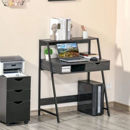 HOMCOM Computer Desk for Small Spaces, School Student Desk Study Writing Desk, Small Corner Desk with Drawer and Storage Shelves