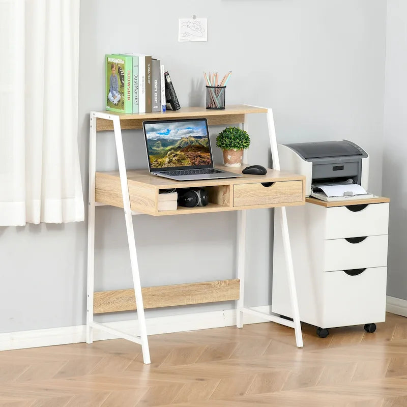 HOMCOM Computer Desk for Small Spaces, School Student Desk Study Writing Desk, Small Corner Desk with Drawer and Storage Shelves