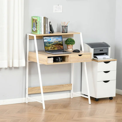 HOMCOM Computer Desk for Small Spaces, School Student Desk Study Writing Desk, Small Corner Desk with Drawer and Storage Shelves